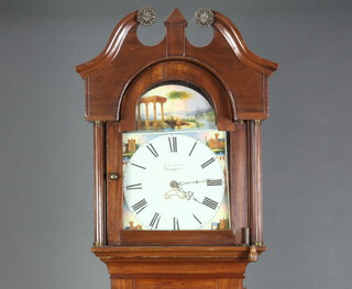 W Leitch of Newport, an 18th Century 30 hour striking on bell (now removed) longcase clock, the 30cm arched painted dial decorated classical ruins by lakes, complete with pendulum and weights, contained in a mahogany case 205cm h x 48cm w x 23cm d, together with a 30 hour clock movement (a/f) 