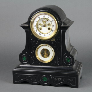 J Marti, a French 19th Century 8 day striking mantel clock with visible escapement, enamelled dial and Roman numerals, the base with aneroid barometer, contained in an arch shaped black marble and malachite case, complete with pendulum 34cm h x 29cm w x 15cm d 