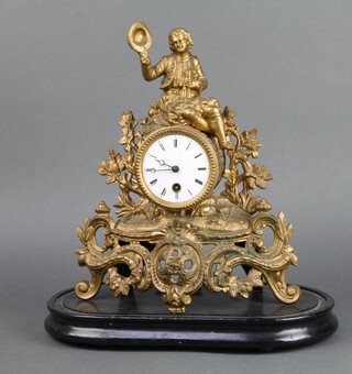 A 19th Century timepiece with enamelled dial and Roman numerals contained a gilt painted spelter case surmounted by a seated musician, raised on an ebonised base 30cm x 30cm x 10cm 