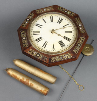 A 19th Century Continental Postman's alarm clock with 22cm painted dial, Roman numerals, contained in an octagonal brass and inlaid mother of pearl rosewood case complete with pendulum and weights