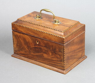 An inlaid Georgian mahogany tea caddy with hinged lid and brass swan neck drop handle 18cm h x 26cm w x 25cm d (interior has been removed and replaced with 2 dividers)