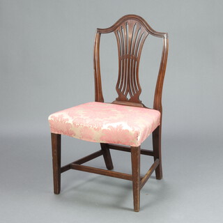 A 19th Century mahogany Hepplewhite camelback dining chair with overstuffed seat, raised on square tapered supports with H framed stretcher 95cm h x 55cm w x 45cm d (seat 36cm x 30cm)  