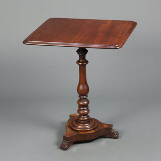 A William IV rectangular mahogany snap top wine table, raised on a turned bulbous column and triform base with scroll feet 69cm h x 58cm w x 59cm d 