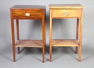 A near pair of Victorian rectangular mahogany bedside tables fitted a drawer with oval plate drop handle, raised on square tapered supports with undertier 84cm h x 51cm w x 38cm d 
