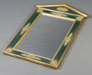 A rectangular contemporary Regency style plate wall mirror contained in a green and gilt painted portico shaped frame 89cm h x 59cm w