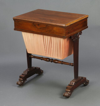 A Victorian rectangular rosewood work box with hinged lid fitted a deep basket raised on shaped supports with scroll feet 72cm h x 61cm w x 43cm d 