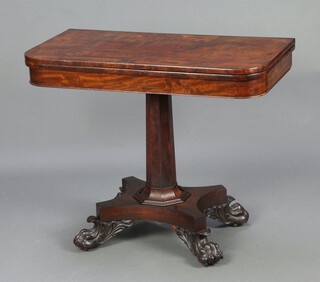 A William IV D shaped mahogany tea table, raised on chamfered column and triform base with paw feet 75cm h x 92cm w x 45cm d 