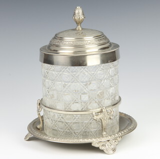An Edwardian silver plated mounted cut glass biscuit barrel and stand 