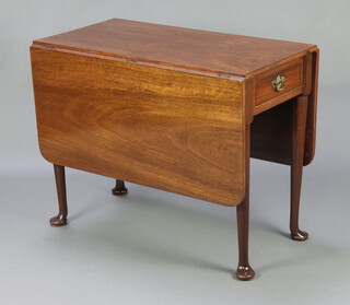 A 19th Century mahogany drop flap dining table, fitted a frieze drawer, raised on club supports 80cm h x 100cm w x 52cm when closed x 149cm l when open 