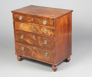 A 19th Century mahogany chest of 4 long drawers with brass ring drop handles, raised on bun feet (formerly a commode) 73cm h x 68cm w x 42cm d 
