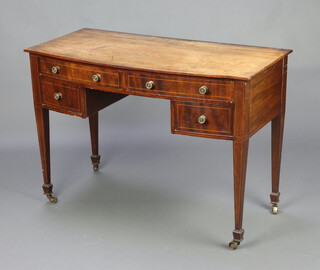 A 19th Century mahogany bow front writing table fitted 2 long and 2 short drawers with satinwood stringing, raised on square tapered supports, spade feet 75cm h x 107cm w x 51cm d 