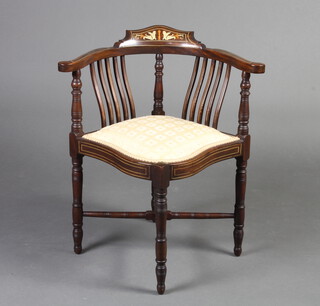 An Edwardian inlaid rosewood stick and rail back carver chair with upholstered seat, raised on turned supports with X framed stretcher 72cm h x 63cm w x 55cm d (seat 35cm x 36cm) 
