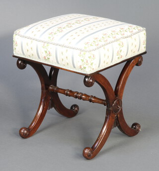 A Victorian square rosewood footstool raised on X framed supports with turned stretcher and over stuffed seat 45cm h x 38cm w x 38cm d 