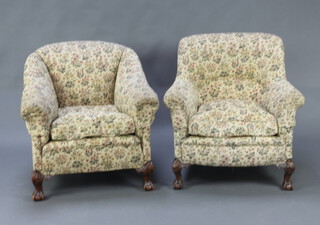 A near pair of Edwardian tub back chairs upholstered in floral material, raised on cabriole, ball and claw supports 83cm h x 62cm w x 79cm d  and 79cm x 76cm w x 73cm d 