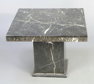 An Art Deco style black grained marble effect coffee table raised on a rectangular pedestal base 53cm h x 70cm w x 70cm d 