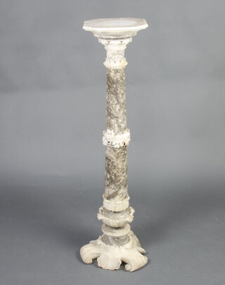 A Victorian carved alabaster and grey marble pedestal with octagonal top, raised on carved column and scroll base 114cm h x 27cm w x 27cm d 