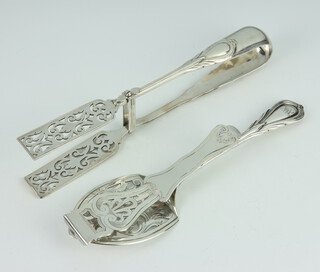 A pair of silver plated lily pattern asparagus servers and a ditto cake server 