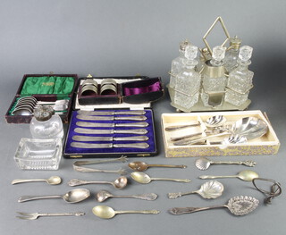 Three silver plated cased sets, a cruet and minor plated wares