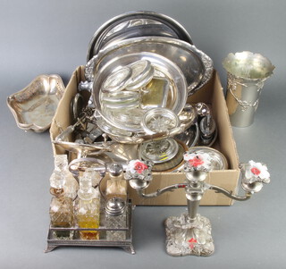 An Edwardian silver plated 6 bottle cruet 20cm and minor plated wares