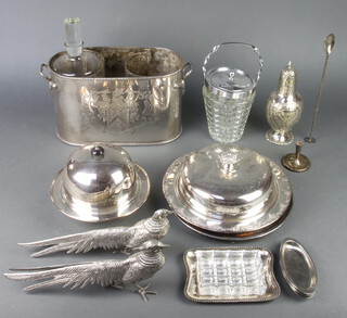 A silver plated 2 bottle holder 34cm, a ditto muffin dish and cover and minor plated wares