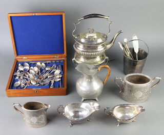 A silver plated demi-fluted tea kettle on stand with burner, cased plated set and minor plated wares