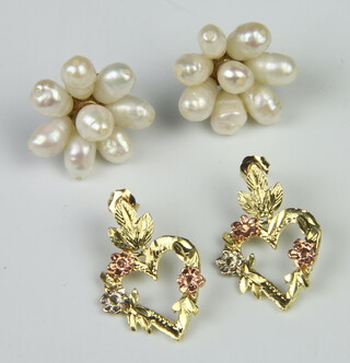 A pair of 9ct 3 colour gold heart shaped earrings together with a pair of cultured pearl ear studs 
