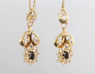A pair of 14ct yellow gold sapphire and gem set ear drops for pierced ears, 3.5 grams gross