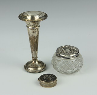 A silver spill vase London 1975 10cm, a mounted jar and a Reynolds angels trinket box