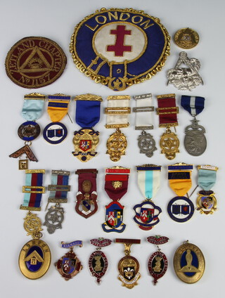 A silver plated London Grand Rank collar jewel and a collection of charity jewels including a Grand Lodge Tercentenary jewel 2017 