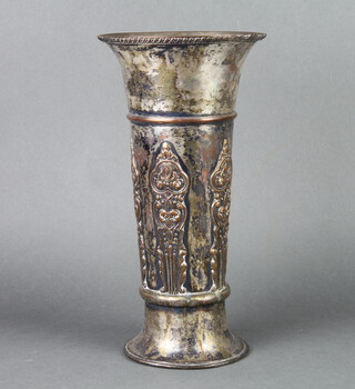 A repousse silver plated tapered vase 33cm 