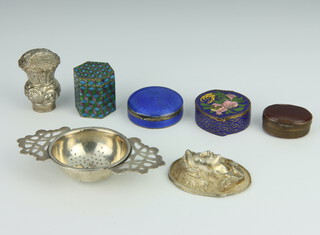 A silver and guilloche enamel pill box (bruised) together with other minor enamelled boxes etc 