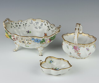 A 20th Century Dresden pierced bowl decorated with flowers on scroll feet 19cm (chipped petals), a ditto basket 11cm and a leaf shaped cup decorated with flowers 11cm 