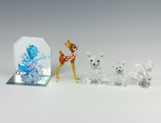 A Swarovski Crystal figure of  a seated bear 6cm, butterfly 5cm, 3 glass animals 