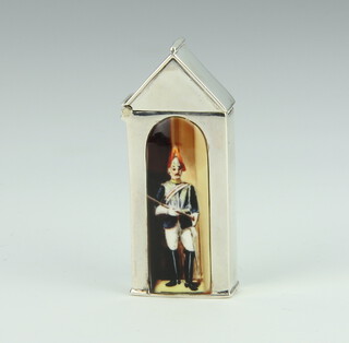 A Sterling silver and enamelled novelty vesta in the form of sentry box 37 grams, 55mm