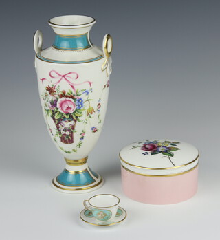 A Minton 2 handled vase decorated with a rose basket and flowers no.5678 of 9500  22cm, together with a Royal Worcester box and cover 10cm and a miniature Spode teacup and saucer