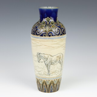 A Hannah Barlow Doulton Lambeth oviform vase with a wide incised band of grazing ponies, monogrammed 1887 27.5cm 