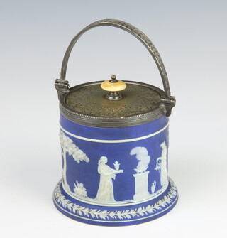 A 19th Century Wedgwood blue Jasper biscuit barrel decorated with classical figures having plated mounts 10cm 