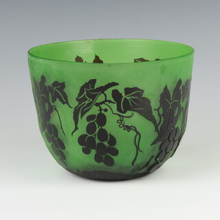 A French Art Deco green and black glass deep bowl decorated with vines and grapes 12cm 