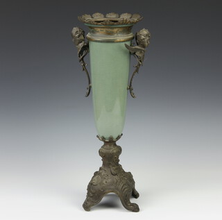 A 19th Century Continental ceramic green tapered vase with gilt metal mounts and  2 handled cherub scroll handles 45cm 