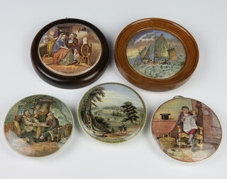 A Prattware pot lid - The Times 11cm, ditto A Fix 10cm, Strathfield Say 10cm (chipped), a maritime scene 10cm framed and Persuasion 10cm framed 
