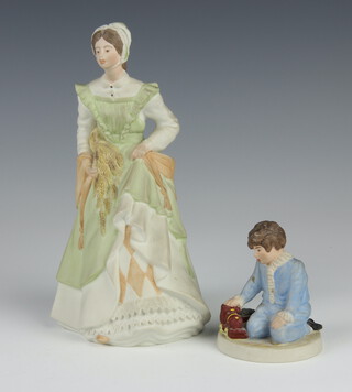 A Wedgwood figure of a lady no.72 of 250, matt finish 18cm and a ditto figure of a boy with toy train 7cm matt finish 