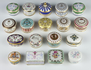 A Royal Collection porcelain commemorative pill box commemorating the marriage of His Royal Highness Princess of Wales and Her Royal Highness The Duchess of Cornwall 9th April 2005 7cm and 17 other commemorative porcelain boxes 