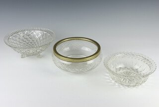 An Art Deco moulded glass fruit bowl 23cm together with a deep bowl 19cm and a plated mounted salad bowl 20cm 