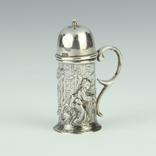 An Edwardian repousse silver miniature novelty pepperette in the form of a stein decorated with figures Birmingham 1902, 20.3 grams, 6cm 