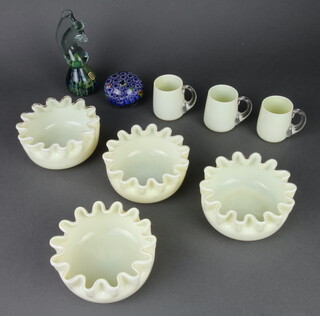 Four Victorian vaseline glass bowls with fluted rims, 4 cups and 2 paperweights