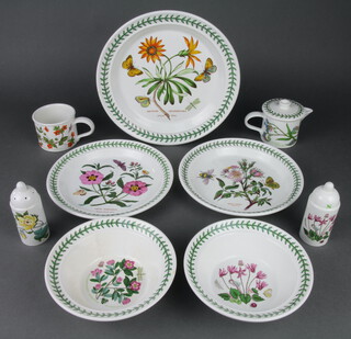 A Portmeirion Botanic Gardens part dinner service comprising 6 dinner plates, 12 side plates, 4 small plates, 6 dessert bowls, 4 condiments, 4 egg cups, a lidded jug together with a coffee cup and a tureen lid 