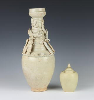 A Chinese Provincial slip glaze vase decorated with serpents and figures 38cm, ditto jar and cover 11cm 