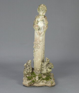 A well weathered reconstituted stone garden figure of a seated Pan on a reeded column and square base decorated animals 84cm h x 32cm w x 32cm d 