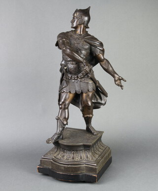 A 19th Century spelter figure of a standing warrior, raised on a shaped base 62cm h x 23cm w x 24cm d 