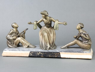 A French Art Deco spelter figure group of a seated lady being serenaded by 2 minstrels, raised on a 3 colour marble base 23cm h x 48cm w x 13cm d 
